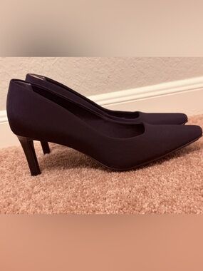Anne Klein Rosalia Black Textile Square Pointed Toe Mid-Heel Pumps